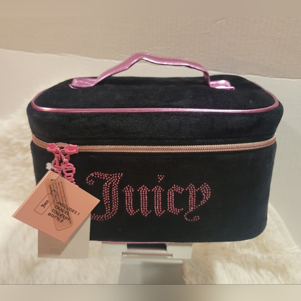 Juicy Couture Black Velvet Rhinestone Makeup Bag Train Case Pink Handle New